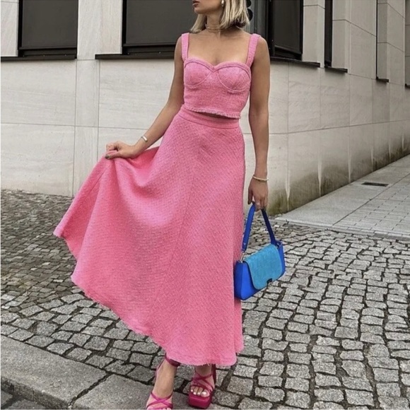ZARA 2 PIECES MATCHING SET PINK TEXTURED BUSTIER TOP AND SKIRT - Picture 10 of 16